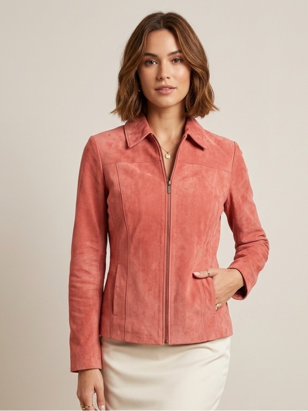 Pritti Kristen Blake Suede Genuine Leather Jacket Size S Pink classic zippered